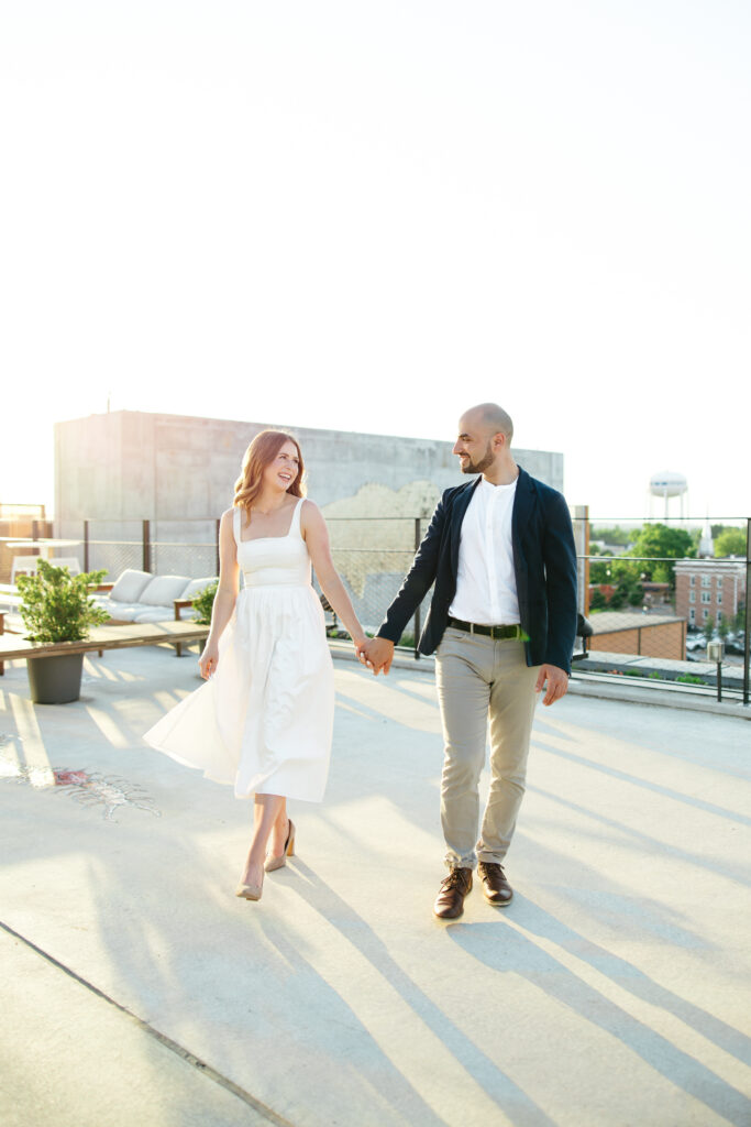 Engagement session on the Ledger rooftop in downtown Bentonville, Arkansas.