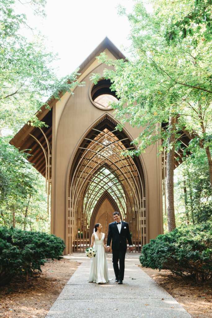  Summer elopement couple walking away from cooper chapel.